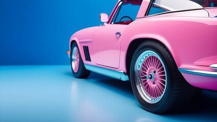 Pink car on a blue background. - obrazy, fototapety, plakaty