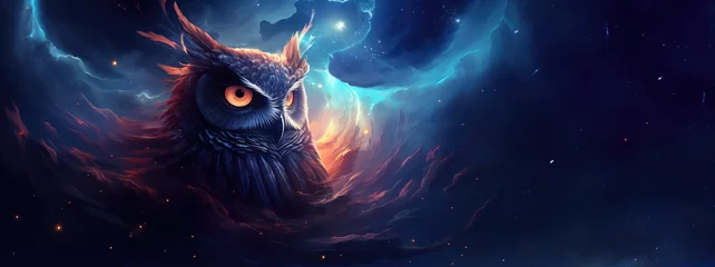 Fotobehang Uiltjes Majestic and wisdom owl on cosmic background with space, stars, nebulae, vibrant colors, flames  digital art in fantasy style, featuring astronomy elements, celestial themes, interstellar ambiance