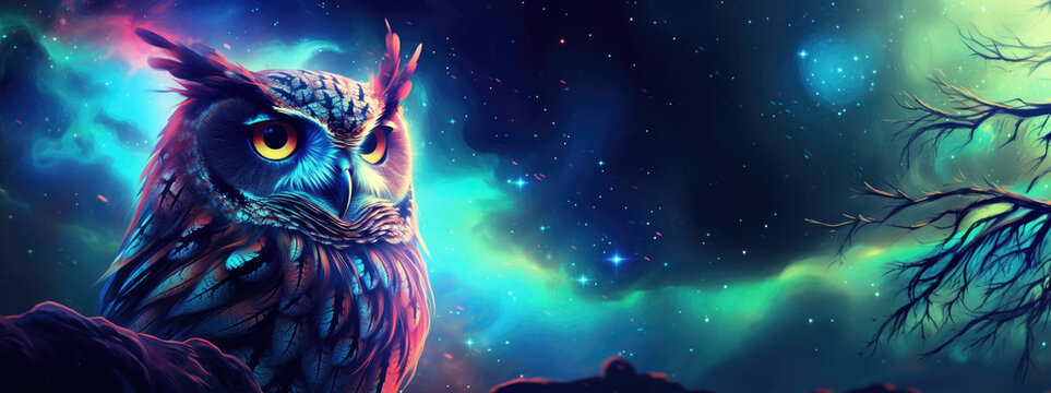 Majestic and wisdom owl on cosmic background with space, stars, nebulae, vibrant colors, flames; digital art in fantasy style, featuring astronomy elements, celestial themes, interstellar ambiance