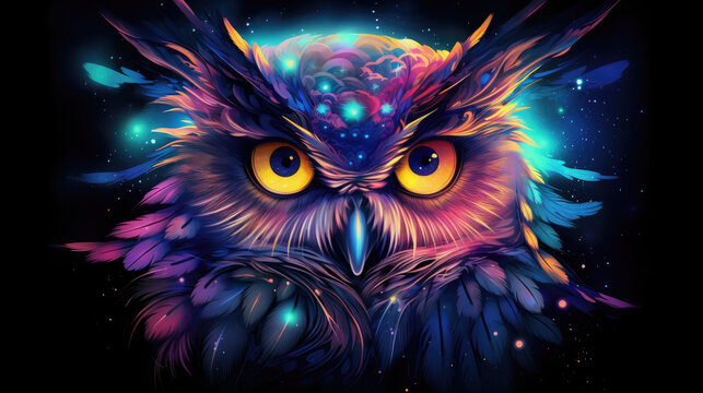 Majestic and wisdom owl on cosmic background with space, stars, nebulae, vibrant colors, flames; digital art in fantasy style, featuring astronomy elements, celestial themes, interstellar ambiance