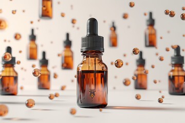 Amber Glass Dropper Bottle Mockup - Multiple Floating Bottles. Blank Label - obrazy, fototapety, plakaty