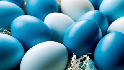 Multitude of colorful blue painted easter eggs macro background