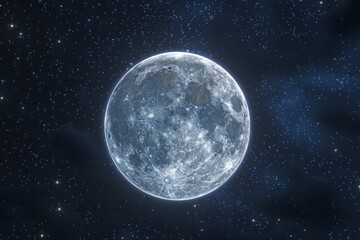 A full moon shining brightly against a starry backdrop, showcasing the smooth tranquility of its surface. 