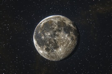 A full moon shining brightly against a starry backdrop, showcasing the smooth tranquility of its surface.