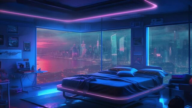 Animated Vtuber Twitch Streamer Background of a Cyberpunk Bedroom at Sunset