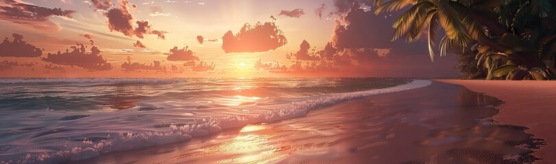 Sunset on the beach. Paradise beach. Tropical paradise, white sand, beach, palm trees and clear water. AI generated illustration - obrazy, fototapety, plakaty