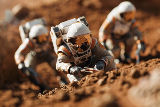 A group of colonists in space suits working together to construct a new habitat on the red Martian soil. 