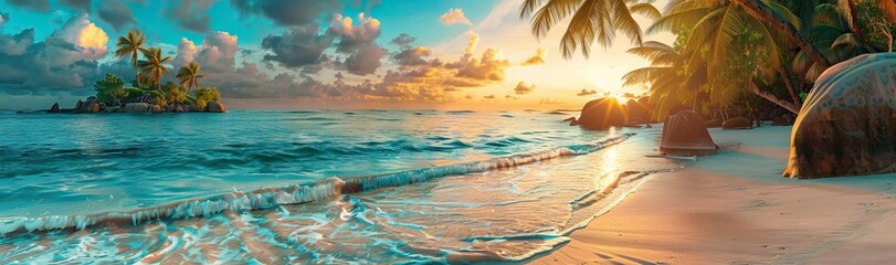 Fototapeta na wymiar Sunset with palm trees on beach, landscape of palms on sea island. AI generated illustration