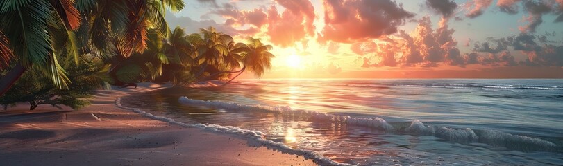 Sunset with palm trees on beach, landscape of palms on sea island. AI generated illustration - obrazy, fototapety, plakaty