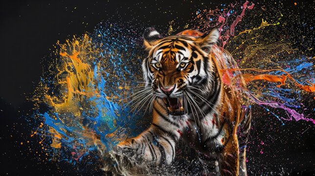 A wild predator tiger, designed for hunting, yet a beautiful majestic creature. Painted with paint splash technique. Isolated black background. Also for T-shirt printing pattern. Generative AI