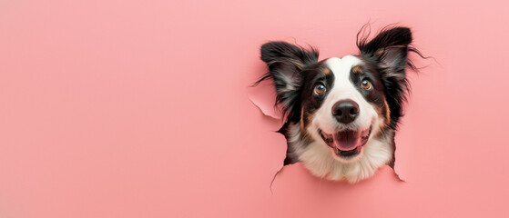 Excited border collie with bright eyes and a big smile peeping through a hole in a vibrant pink paper