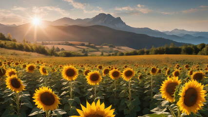 In the center of the card is a flourishing sunflower standing in the middle of a meadow. The sky is cloudless and the sun is shining in the background. Mountains are visible in the background. There a - obrazy, fototapety, plakaty