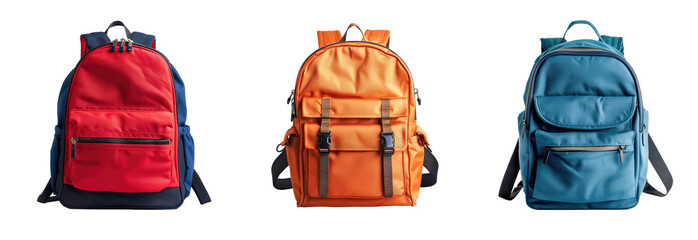 set School backpack. front view. transparent png isolated on solid white background