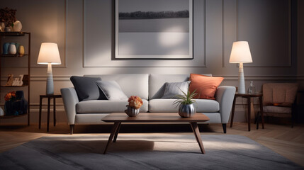 A stylish living room with augmented reality accent lighting, a grey sofa, and a patterned accent pillow