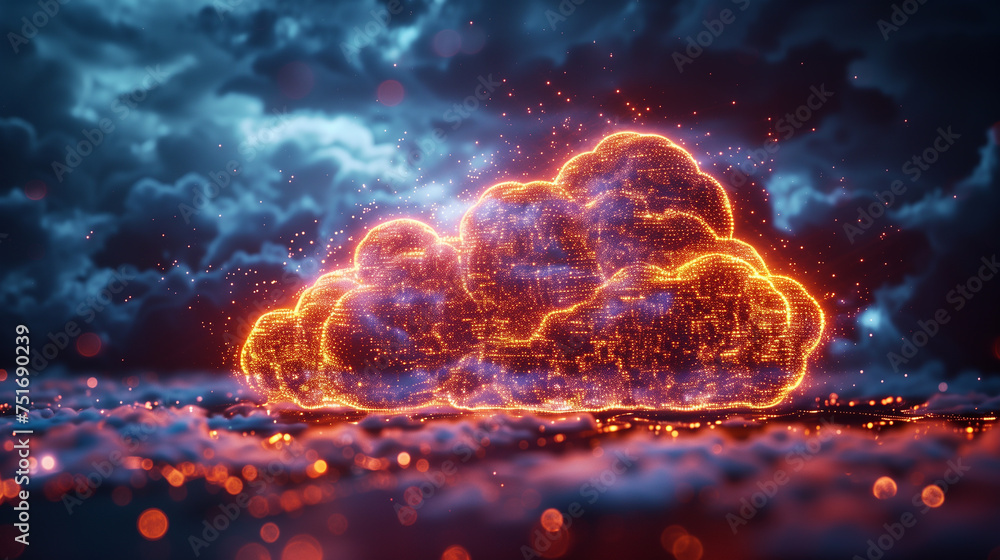Poster visual representation of cloud storage, with luminous digital cloud above a microcircuit board