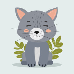 Cute happy cartoon cat illustration in children's style on light gray background. Fanny's pet. For prints, postcards, book characters.