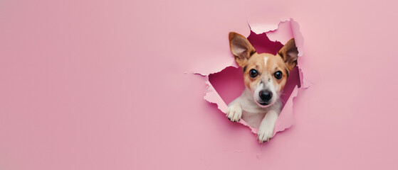 Only the dog's ears and paws are visible as it peeks through a pink background, playful and...