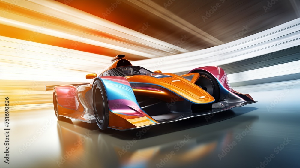 Poster competitive motor sports team racing with a fast-moving generic race car on the track, accompanied b