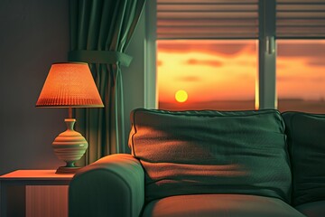 a lamp next to a couch - obrazy, fototapety, plakaty