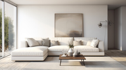 A stylish living room with a minimalist decor and a monochromatic color scheme, featuring a white couch and a grey rug