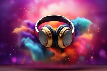 Fototapeta premium International music day with wireless headphones on colourful cloud dust background. Perfect for banner, template, social media post, backdrop, wallpaper, advertisement. World Music day June 21