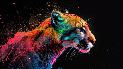 A wild predator cougar, designed for hunting, yet a beautiful majestic creature. Painted with paint splash technique. Isolated black background. Also for T-shirt printing pattern. Generative AI