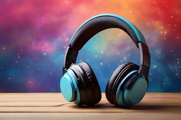 International music day with wireless headphones on colourful cloud dust background. Perfect for banner, template, social media post, backdrop, wallpaper, advertisement. World Music day event concept