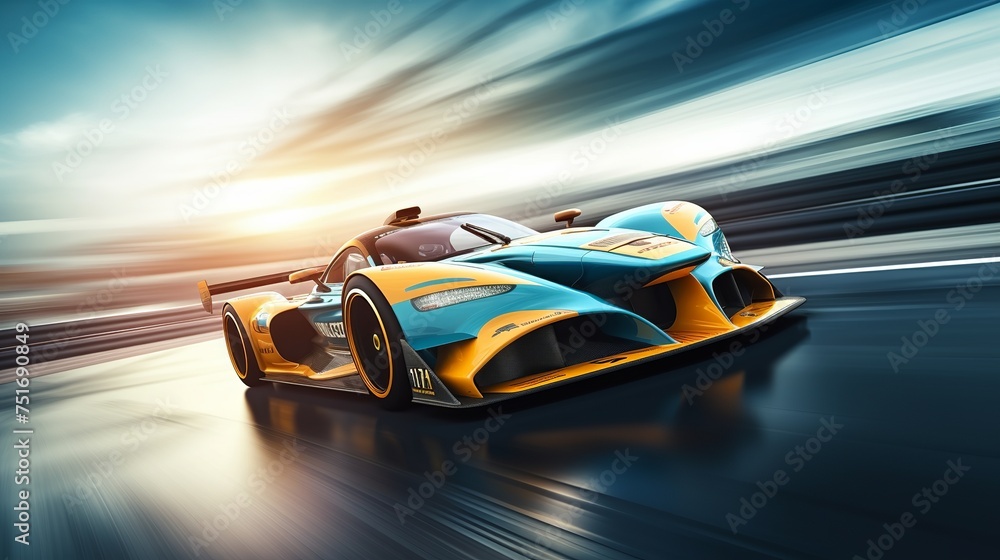 Poster competitive motor sports team racing with a fast-moving generic race car on the track, accompanied b