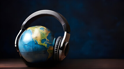 Stereo headphone with a globe isolated on dark background with copy space. The world is listening to music concept. World music day concept June 21