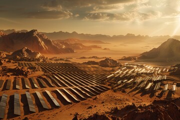 An artist's rendering of a solar farm stretching across the Martian desert, providing power for the growing colony. 