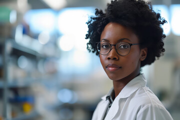 Mujer farmacéutica afroamericana de pelo corto rizado y gafas, vistiendo bata blanca, sobre fondo desenfocado de establecimiento farmacéutico 