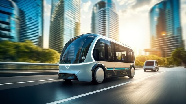 Smart vehicle concept, autonomous electric shuttle bus self driving on street.