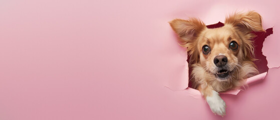 Adorable chihuahua with wide eyes breaking through a sheet of pink paper, showing excitement