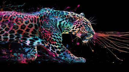 A wild predator leopard, designed for hunting, yet a beautiful majestic creature. Painted with paint splash technique. Isolated black background. Also for T-shirt printing pattern. Generative AI