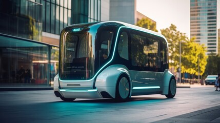 Smart vehicle concept, autonomous electric shuttle bus self driving on street.