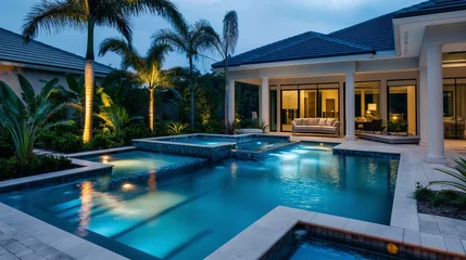 No drill blackout roller blinds Garden Serene sophistication in a detailed shot of an upscale pool, featuring underwater LED lights and surrounded by meticulously landscaped gardens