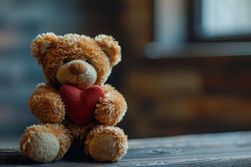 bear plush holding a heart on wooden table