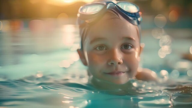 Joyous 6-year-old swims, playful in swimming lesson, embracing aquatic adventure with energetic delight.generative ai