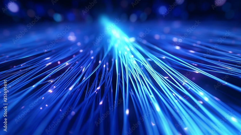 Poster computer-generated abstract background featuring blue-glowing interconnected fiber optic cables in 3