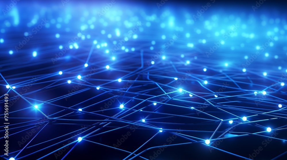 Poster computer-generated abstract background featuring blue-glowing interconnected fiber optic cables in 3