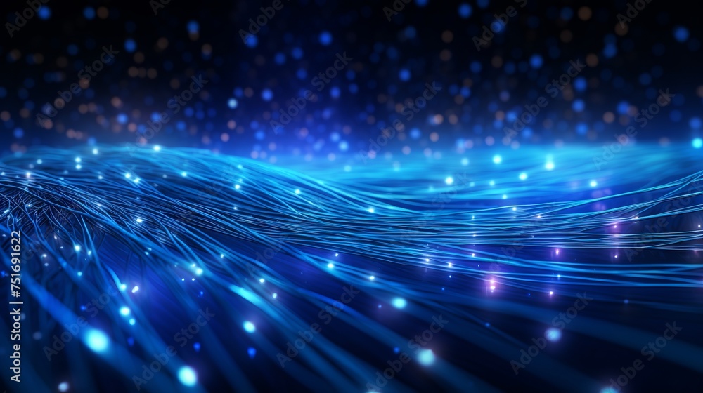 Poster computer-generated abstract background featuring blue-glowing interconnected fiber optic cables in 3