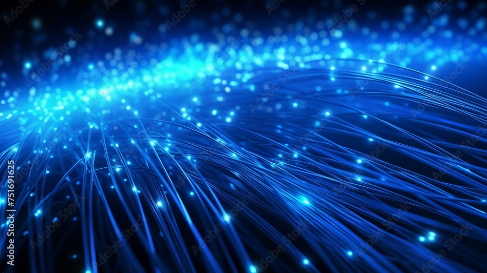Poster computer-generated abstract background featuring blue-glowing interconnected fiber optic cables in 3