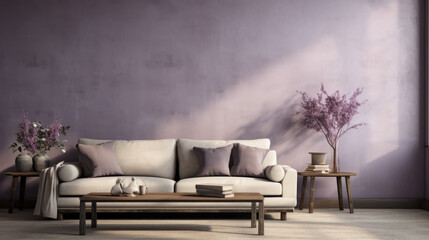 A stylish living room with a textured wall finish in muted lavenders