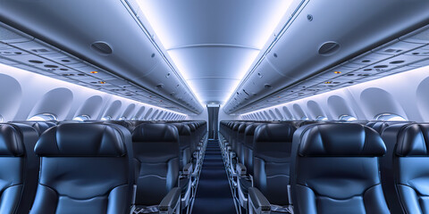 Fototapeta premium Commercial aircraft cabin with rows of seats