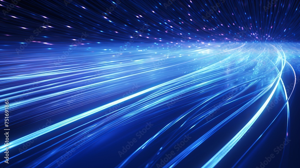 Poster computer-generated abstract background featuring blue-glowing interconnected fiber optic cables in 3