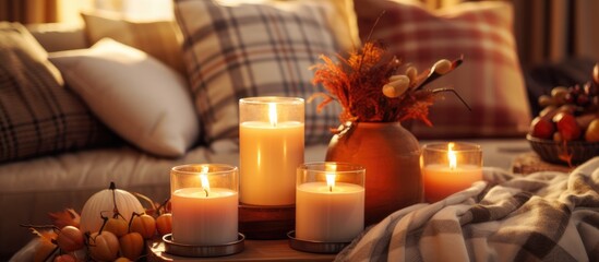 The living room is filled with various candles burning in holders, casting a warm glow around the room. Autumn decor accents are scattered on a soft plaid rug, creating a cozy and inviting atmosphere.