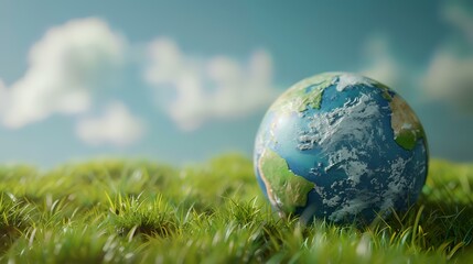 Obraz na płótnie Canvas Globe on the grass with bokeh background, save the Earth concept