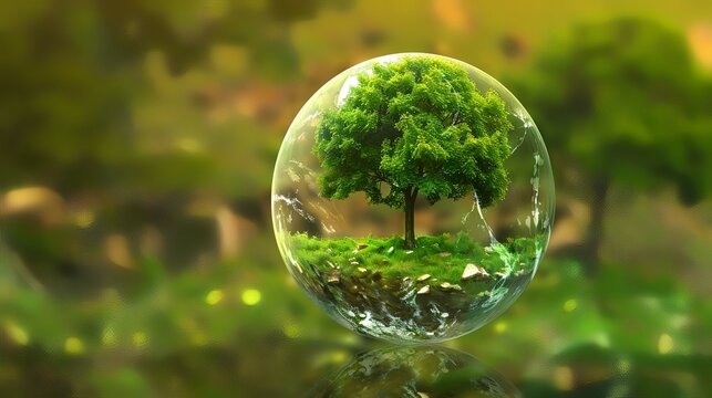Crystal ball with the green tree in the forest. 3D illustration.