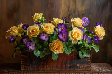 A composition of yellow roses and purple violets, placed in a wooden box on a brown table.