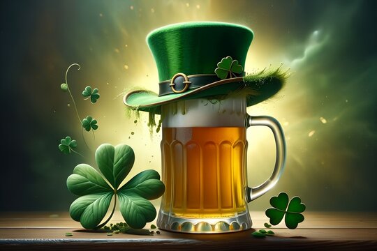 Abstract green background for St. Patrick's Day, beer and hat decorated with shamrock leaves.